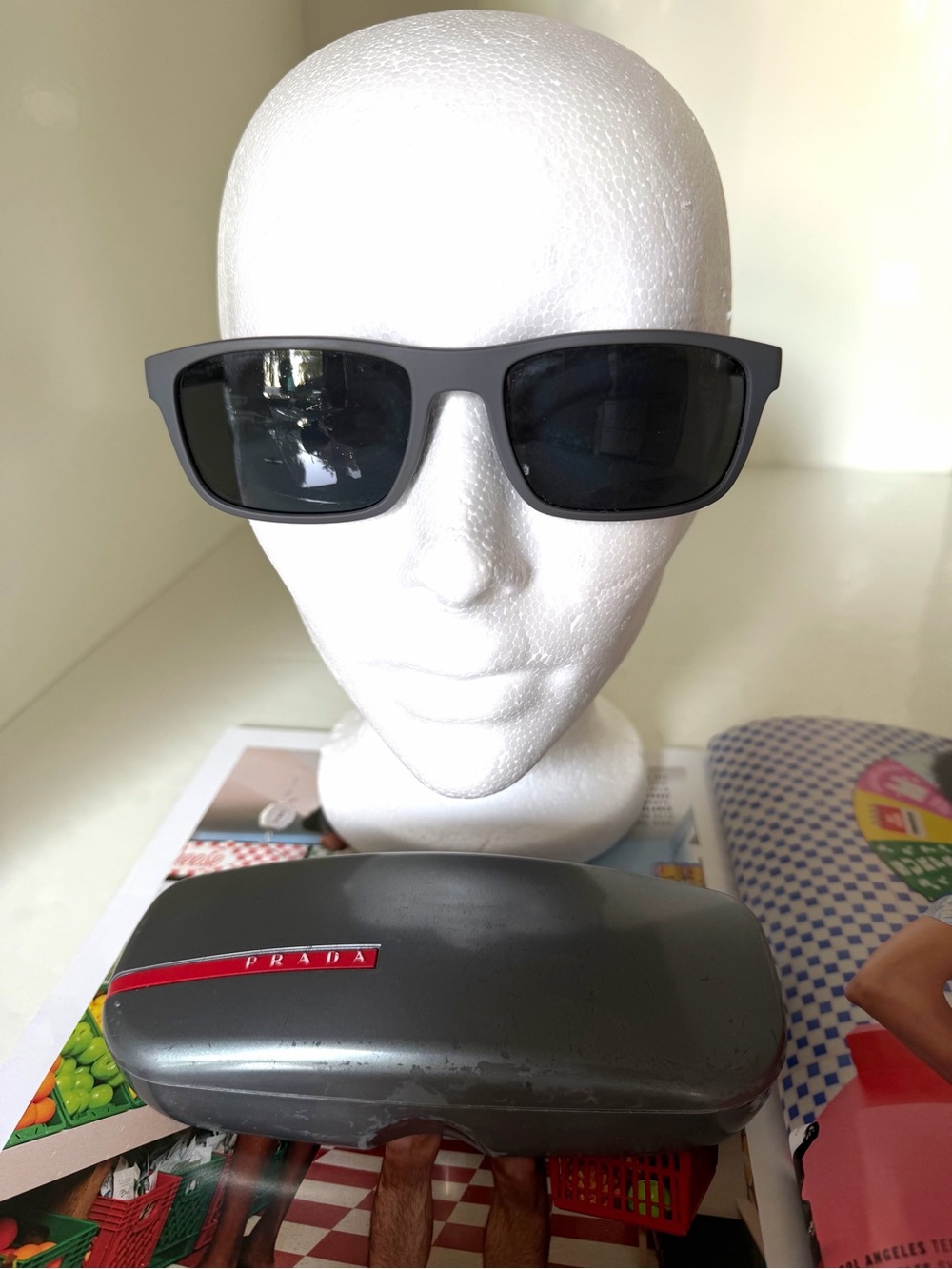 Prada Matte Gray and Black Sunglasses with Dark Lenses & Red Logo